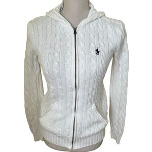 Ralph Lauren White Cotton Cable Knit Zipper Front Hooded Sweater M